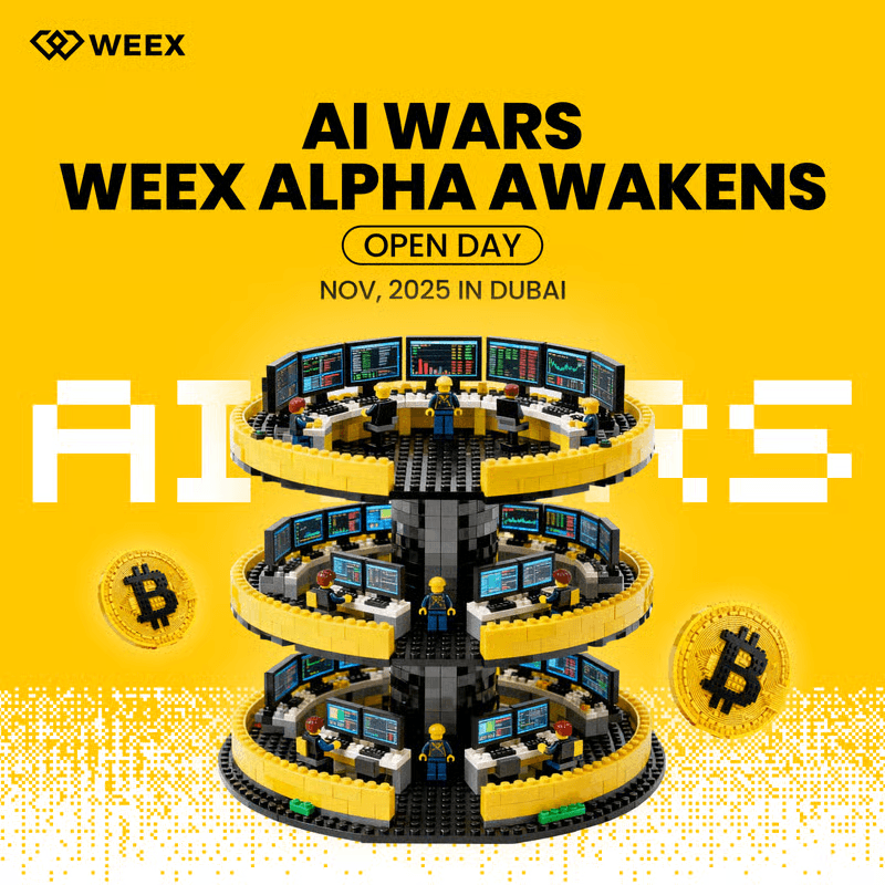 Event poster 'AI Wars – WEEX Alpha Awakens' with LEGO trading exchange, many monitors, and Bitcoin symbols, announcement for November 2025 in Dubai.