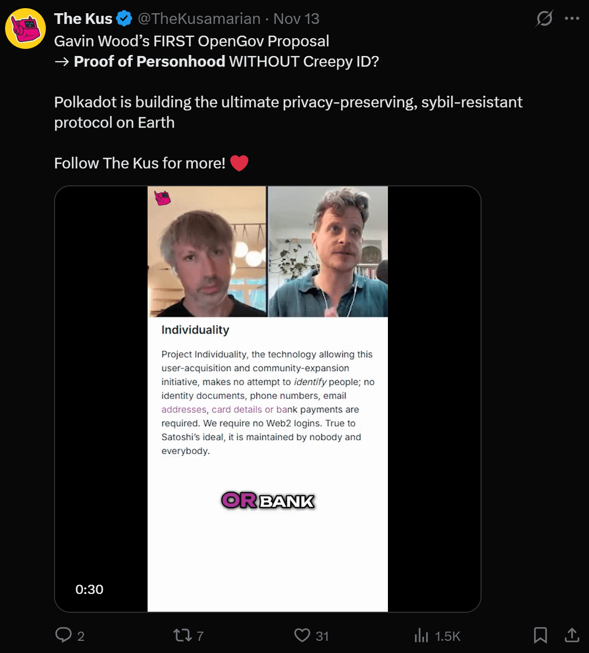 Tweet about Gavin Wood's proposal for 'Proof of Personhood' without ID. Two speakers in a video call, focus on privacy and Sybil resistance on Polkadot.