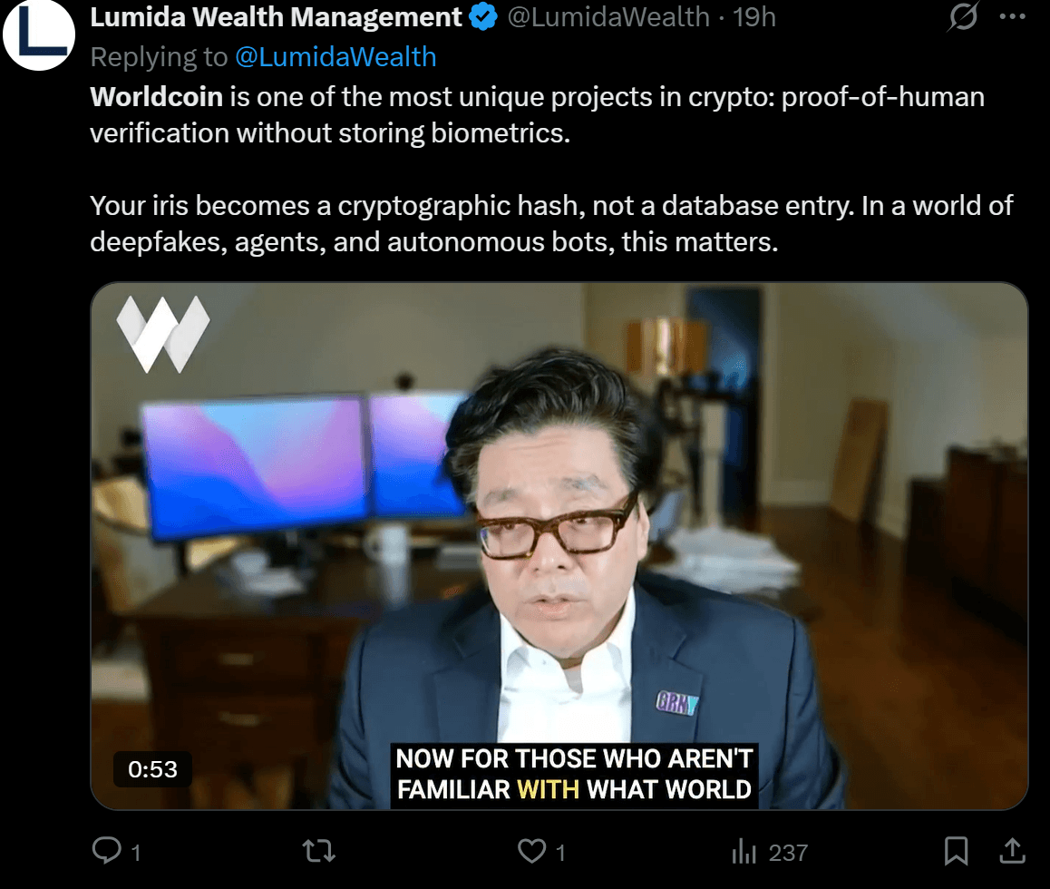 Tweet about Worldcoin: Proof-of-Human verification without biometric storage. Video shows speakers in front of monitors, topic is cryptographic iris hashes.