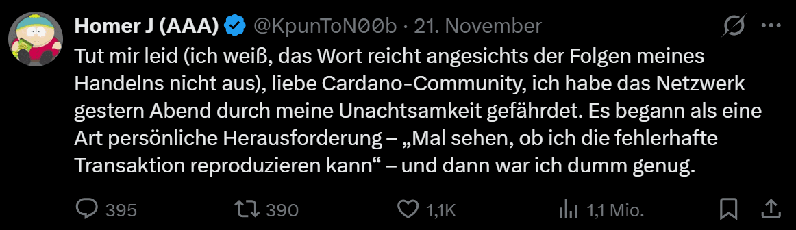 Tweet about a Cardano network problem, where a user confesses their carelessness and publicly apologizes to the Cardano community.